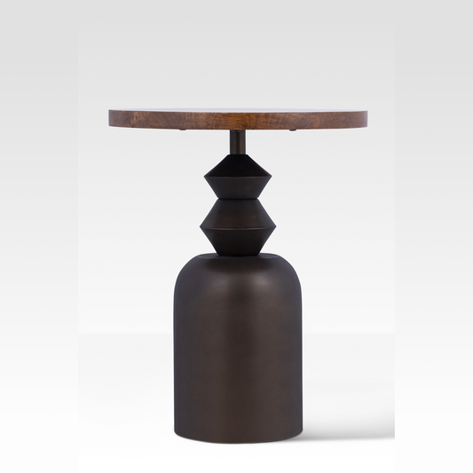 A front profile of the Zentri End Table highlighting the architectural stacked-volume metal base and solid wood surface.